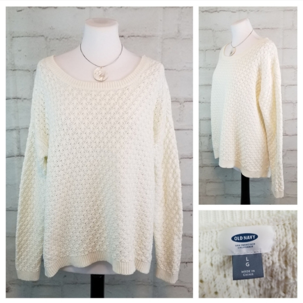 Old Navy L White Long Sleeve Soft Knit Sweater High-Low Hem